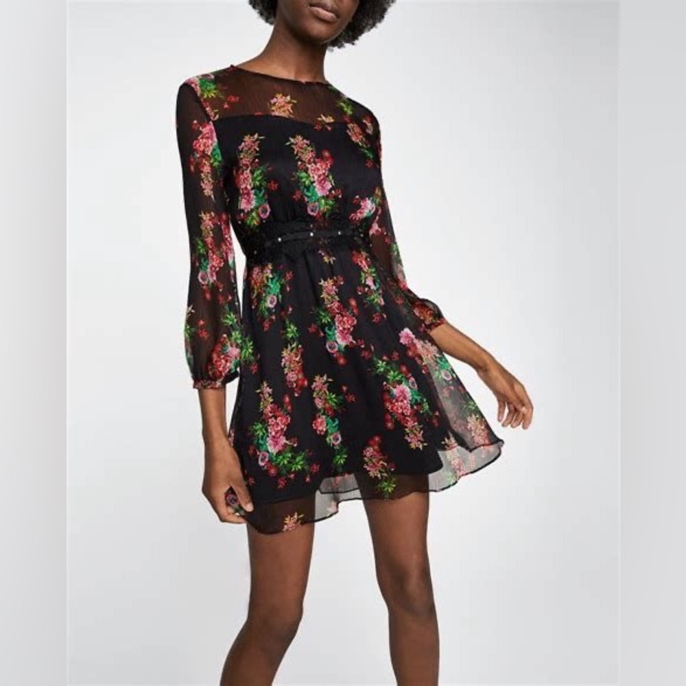 Zara Floral Lace Trim Fit & Flare Mini Dress